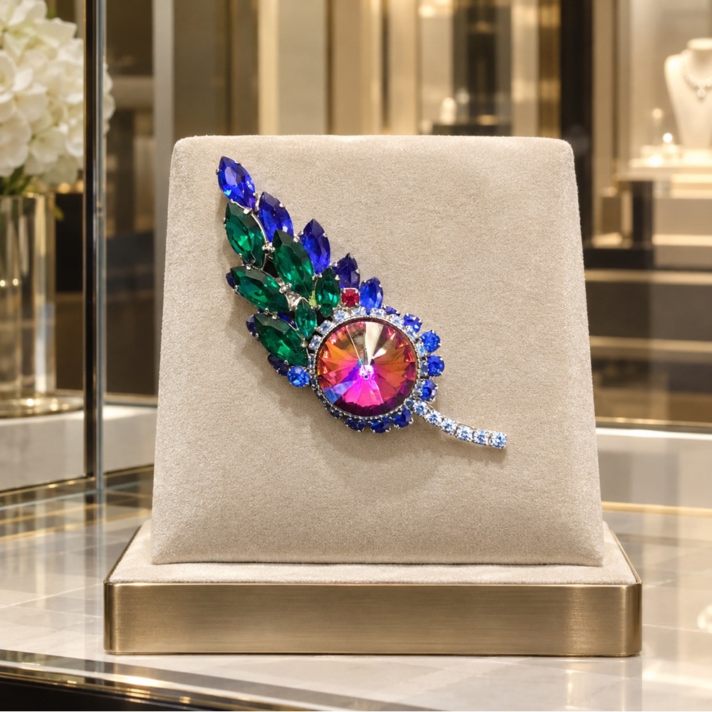 Watermelon Colored Rivoli Layered Rhinestone Brooch - Picture 12 of 13